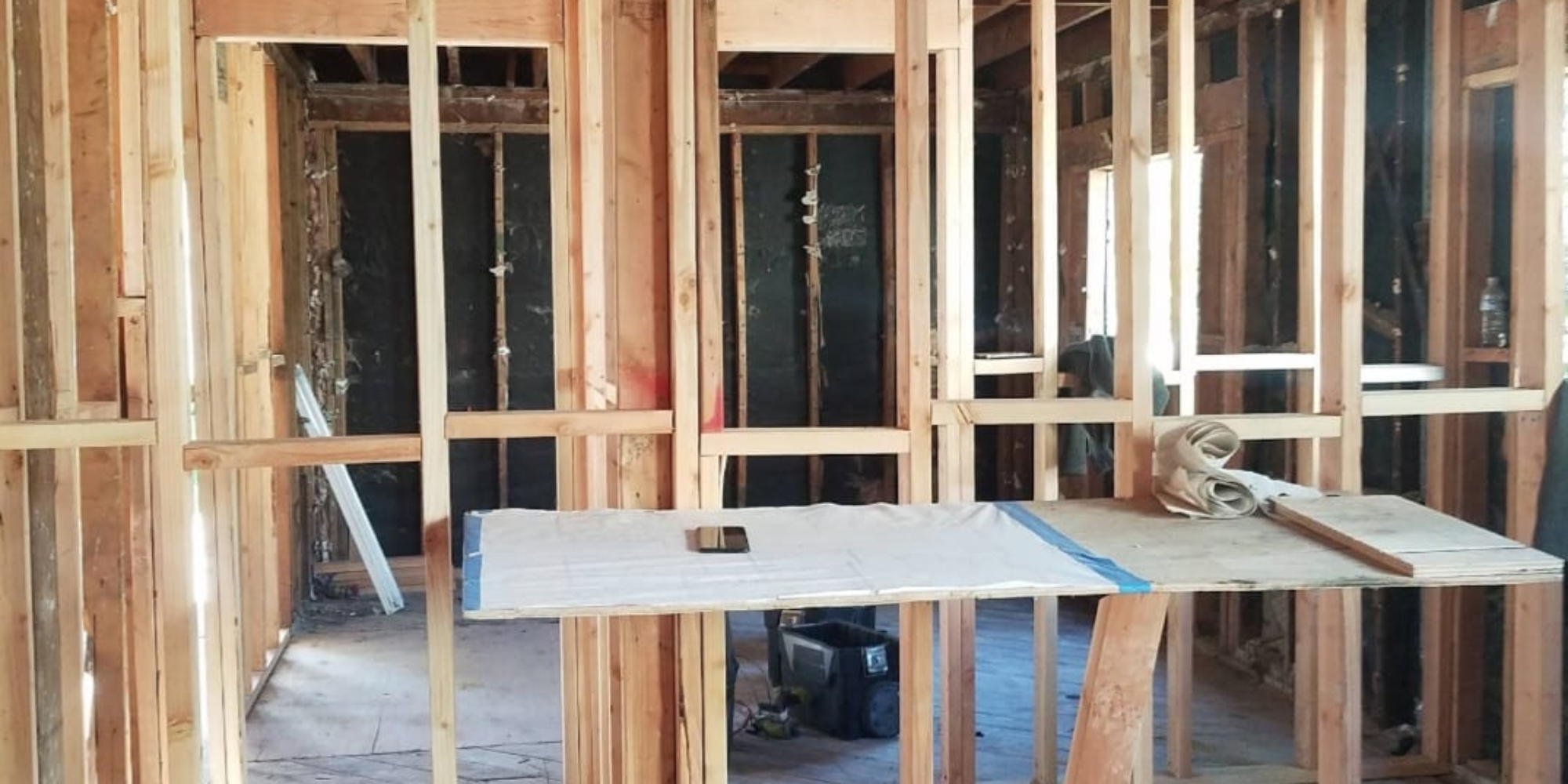 Sherman Oaks Project — interior framing with wooden studs and drywall